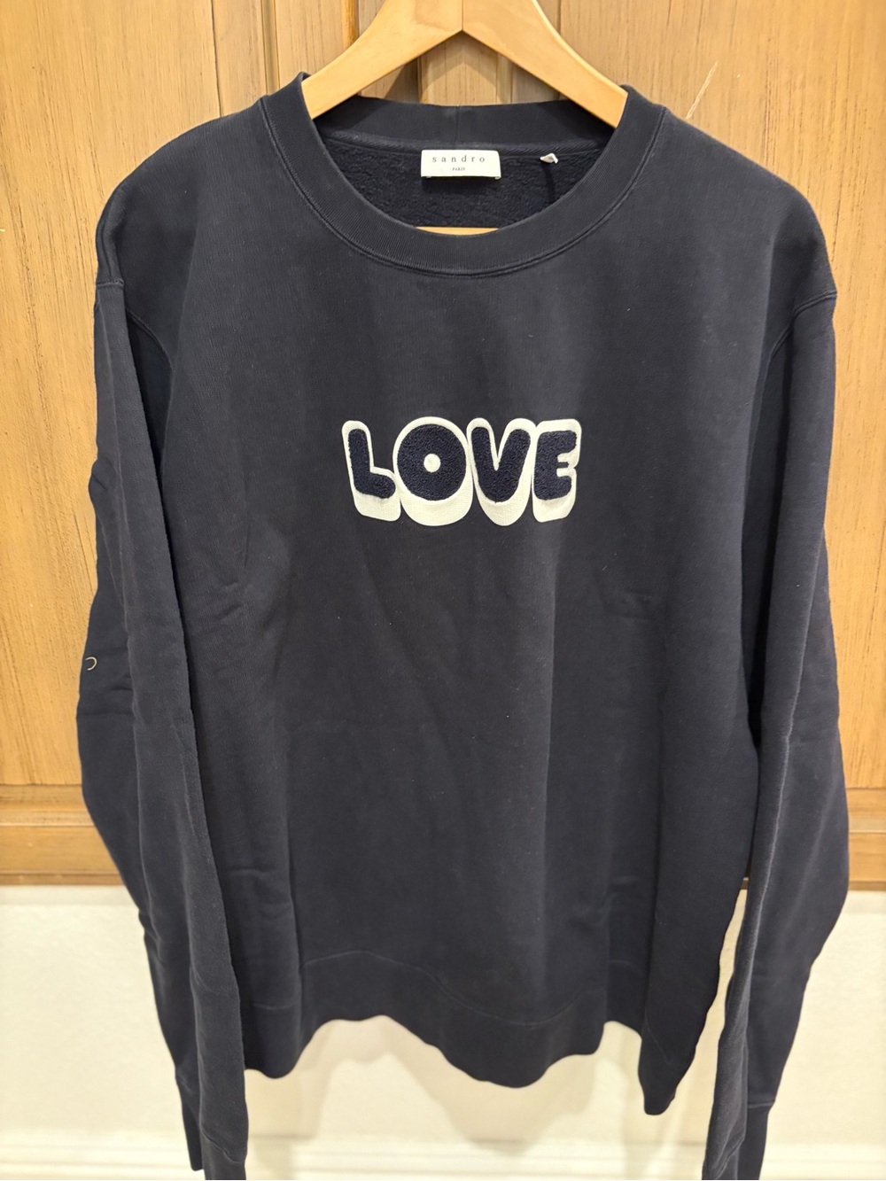 Sandro Navy Crewneck Sweater with White LOVE Graphic